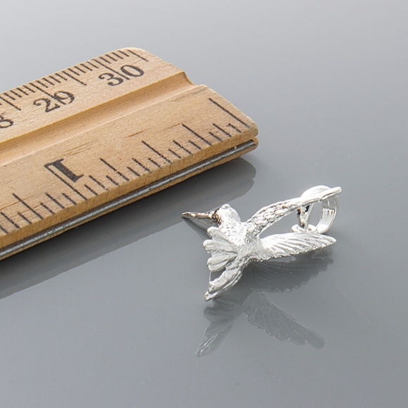 925 Sterling Silver RH Plated Hummingbird Charm Pendant Necklace. 2-D Textured - Picture 6 of 9